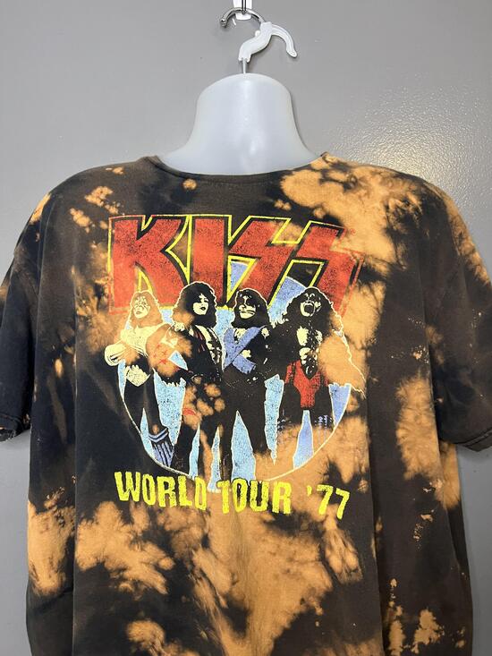 KISS Other - KISS Shirt Mens 2XL Black Bleach Tie Dye World Tour '77 Graphic Band Tee Rock